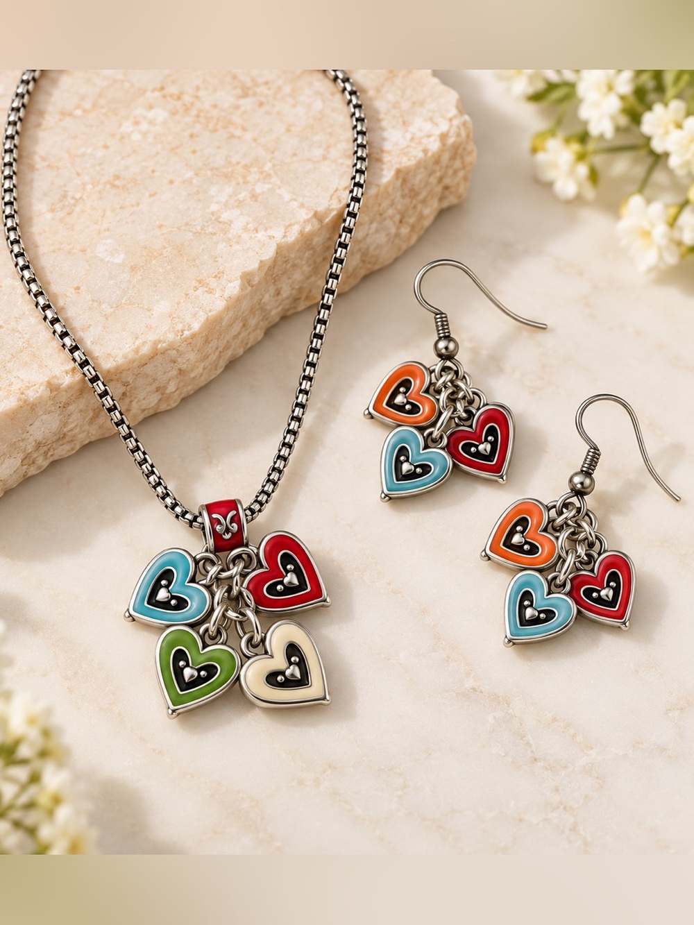 Brighton Vienna Hearts Colorful Enamel Charm Pendant Necklace Earrings Set OS